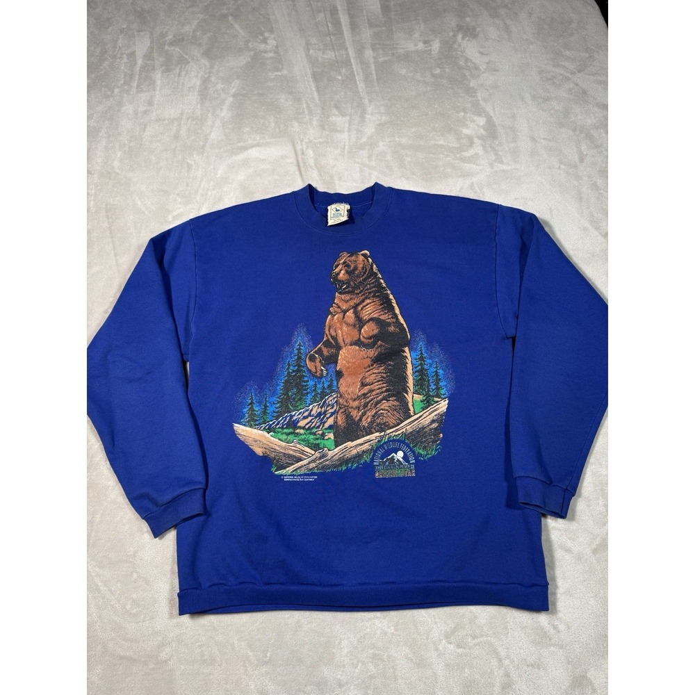 Vintage 90s Grizzly Bear National Wildlife Sweatshirt Crewneck Size XL Blue
